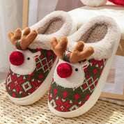 Frost Elk | Pantoufles de Noël vertes à motif de renne Fair Isle pour femmes