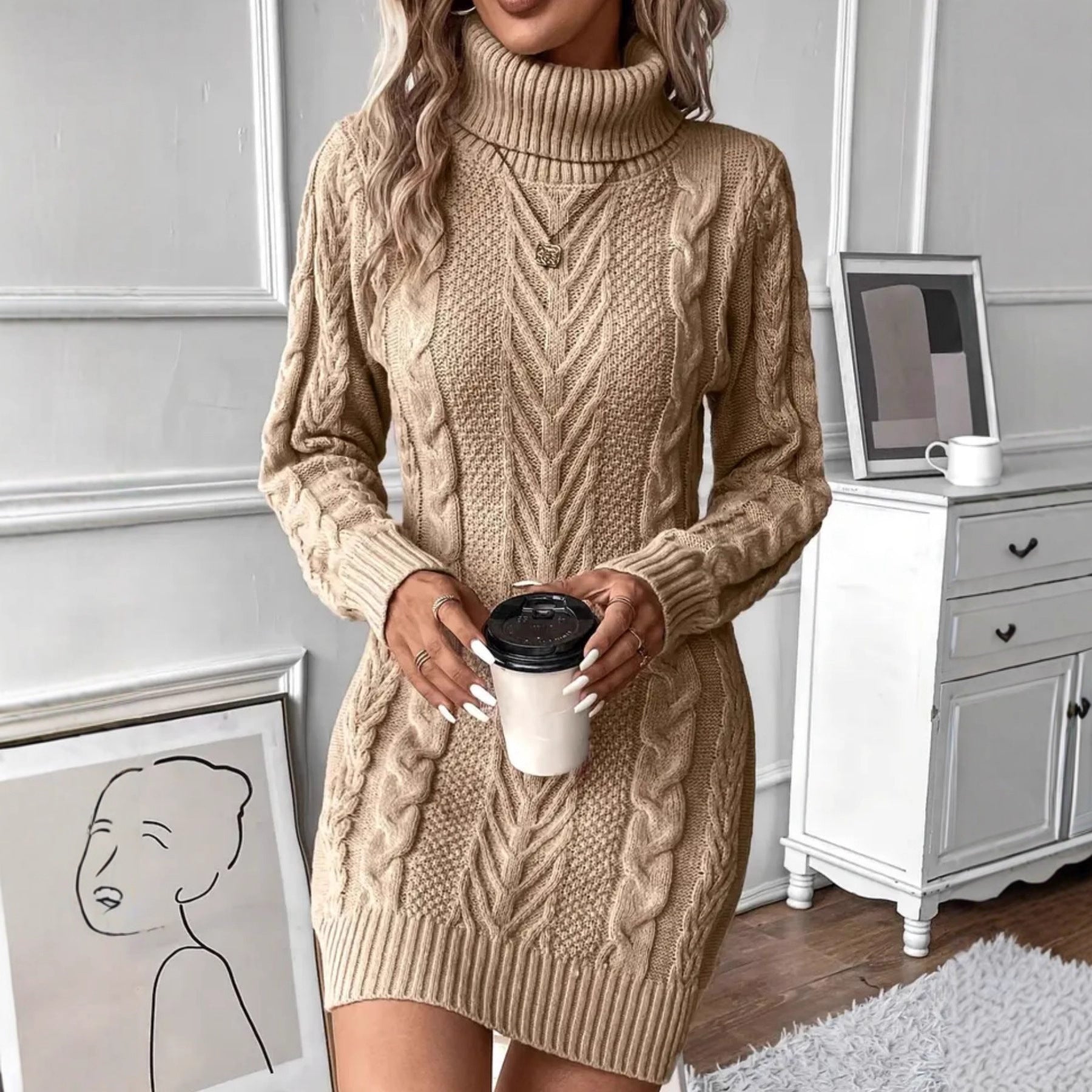 Olivia Smith | Cable Knit Turtleneck Sweater Dress