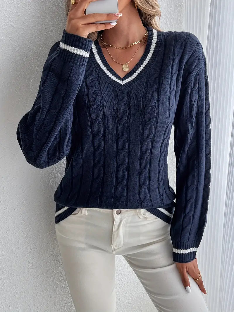 Georgina Wells | Cable Knit V-Neck Sweater with Varsity Trim