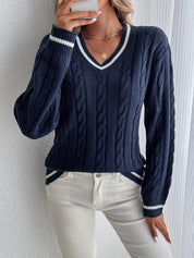 Georgina Wells | Cable Knit V-Neck Sweater with Varsity Trim