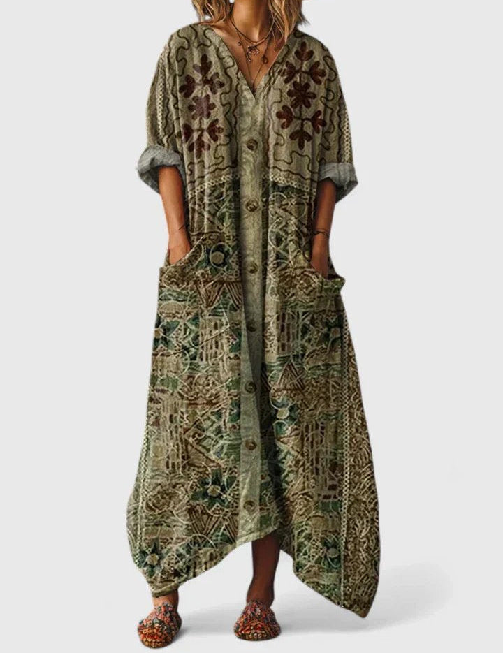 Solène Marchand | Boho Printed Oversized Maxi Dress with Pockets