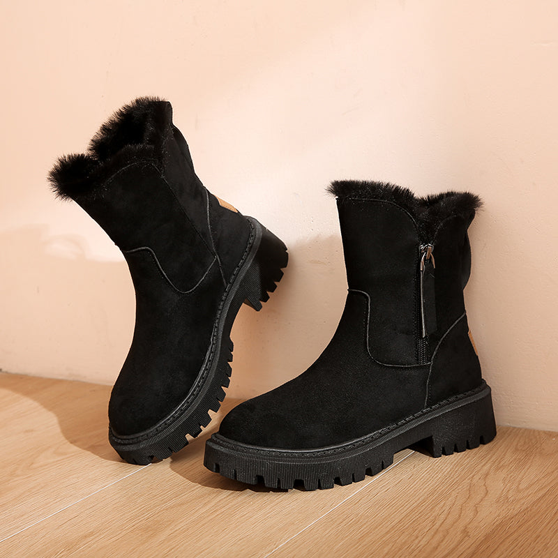 Freya Lawson | Fur Trim Winter Ankle Boots in Warm Stone Suede