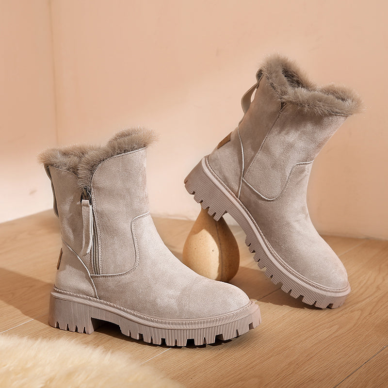 Freya Lawson | Fur Trim Winter Ankle Boots in Warm Stone Suede