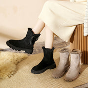 Freya Lawson | Fur Trim Winter Ankle Boots in Warm Stone Suede