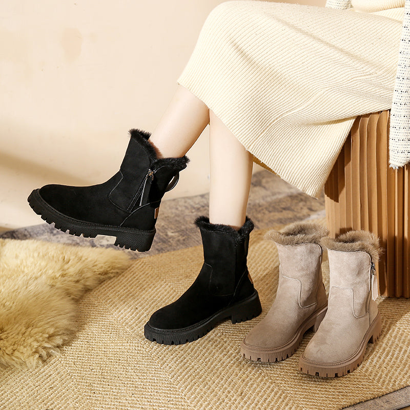 Freya Lawson | Fur Trim Winter Ankle Boots in Warm Stone Suede