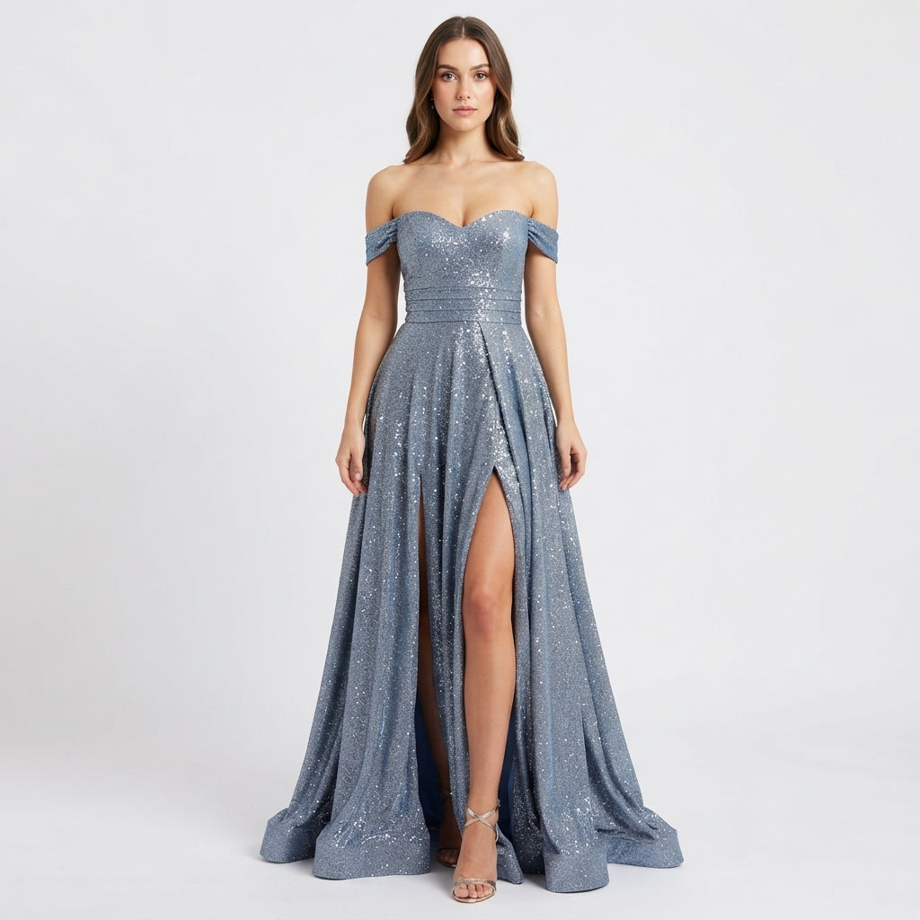 Cassandra Ashwood | Robe longue fendue à épaules dénudées et sequins