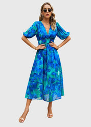 Beatrice Sandford | Floral V-Neck Midi Dress With Smocked Waist