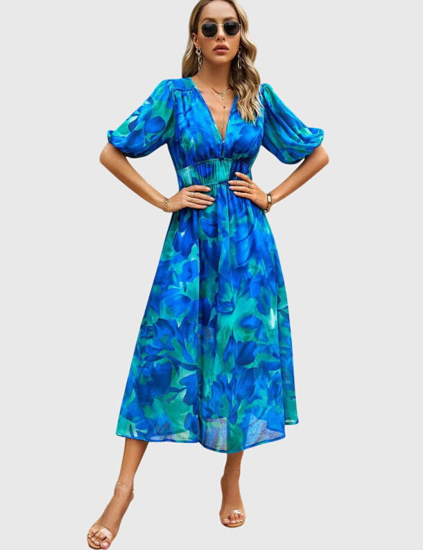 Beatrice Sandford | Floral V-Neck Midi Dress With Smocked Waist