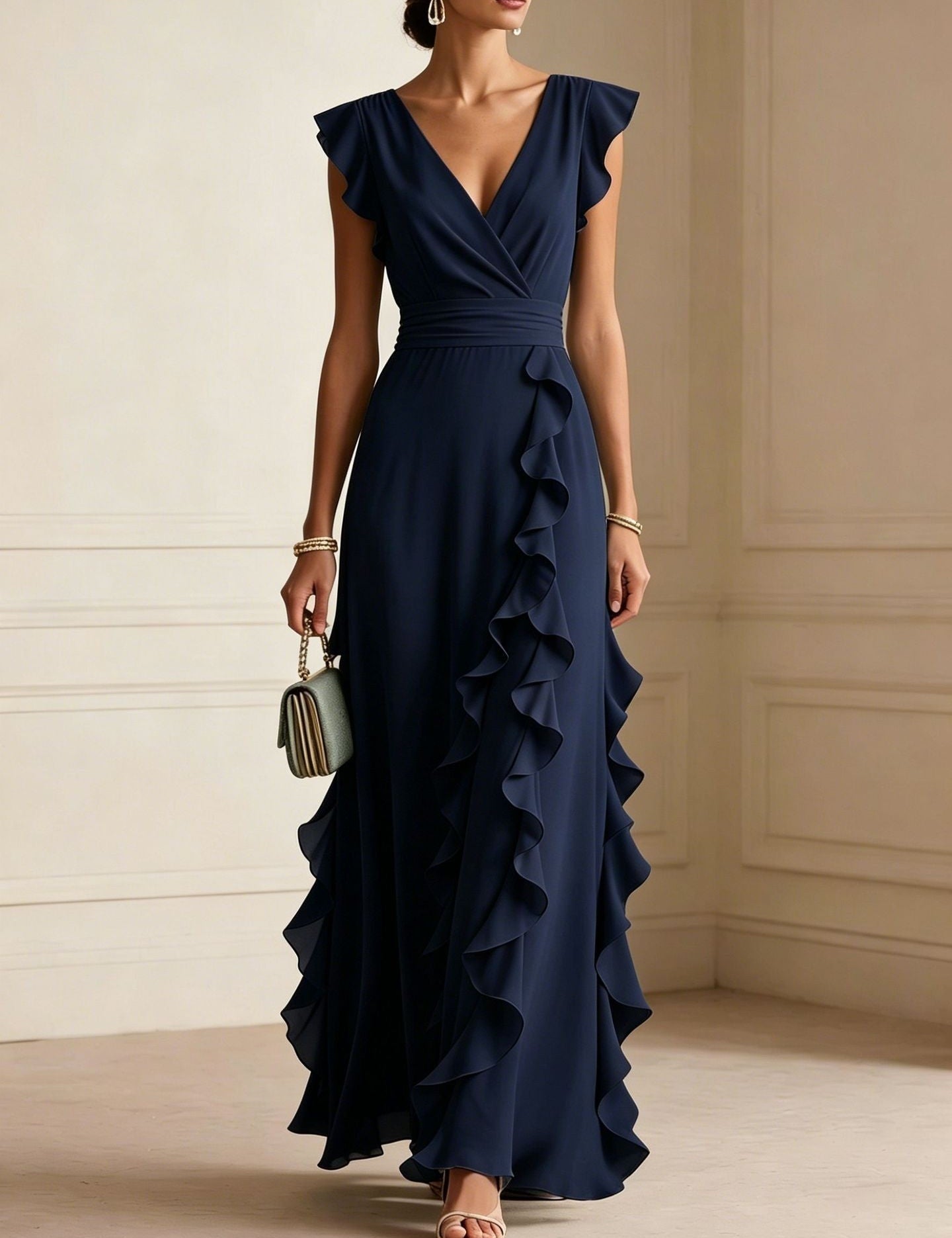 Rosie Griffiths | Sage Ruffle Maxi Dress with V-Neckline