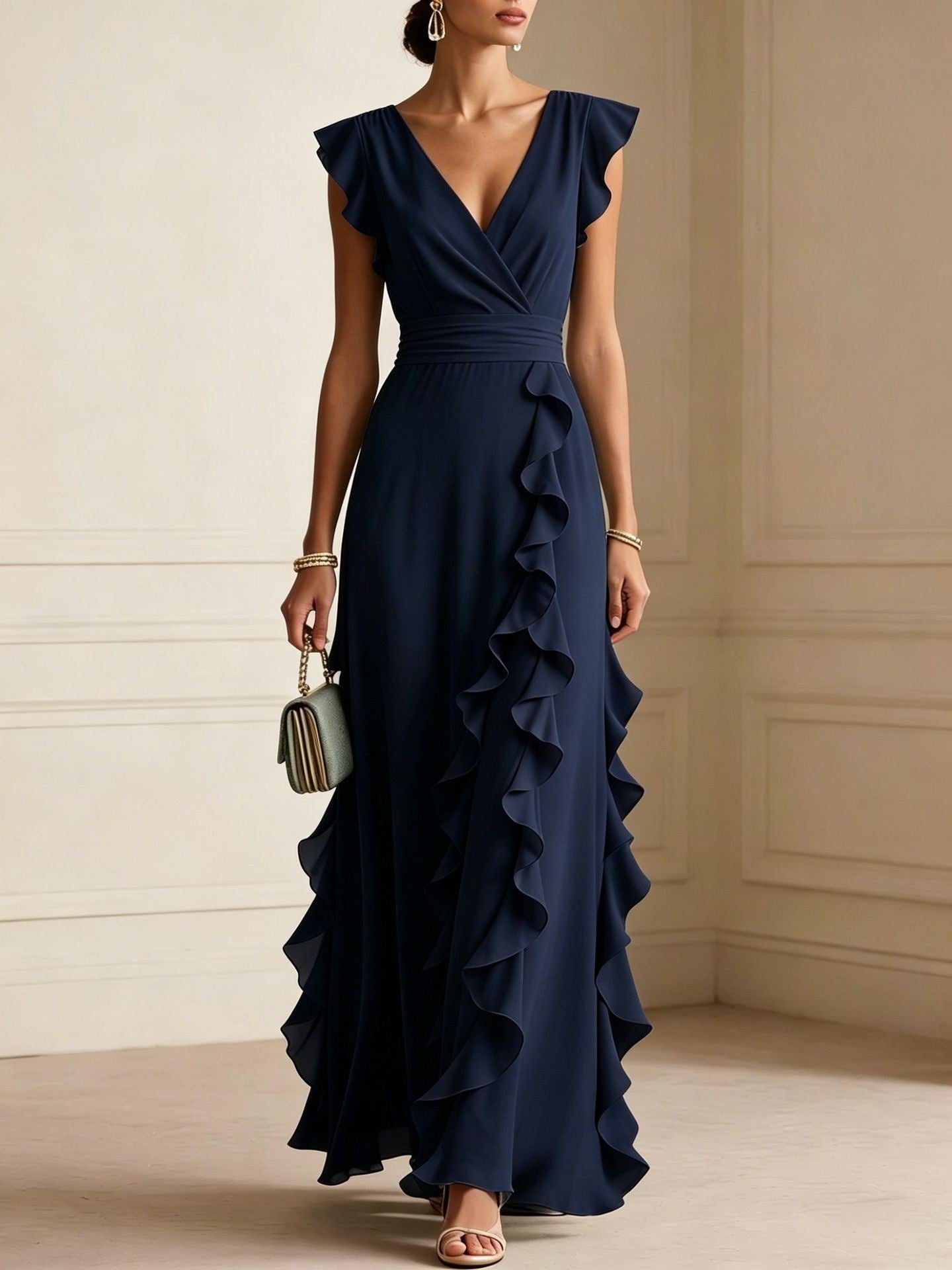 Rosie Griffiths | Sage Ruffle Maxi Dress with V-Neckline