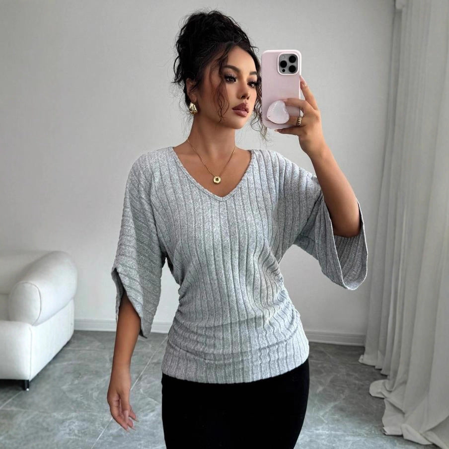 Amelia Cooper | Ribbed V-Neck Knit Top