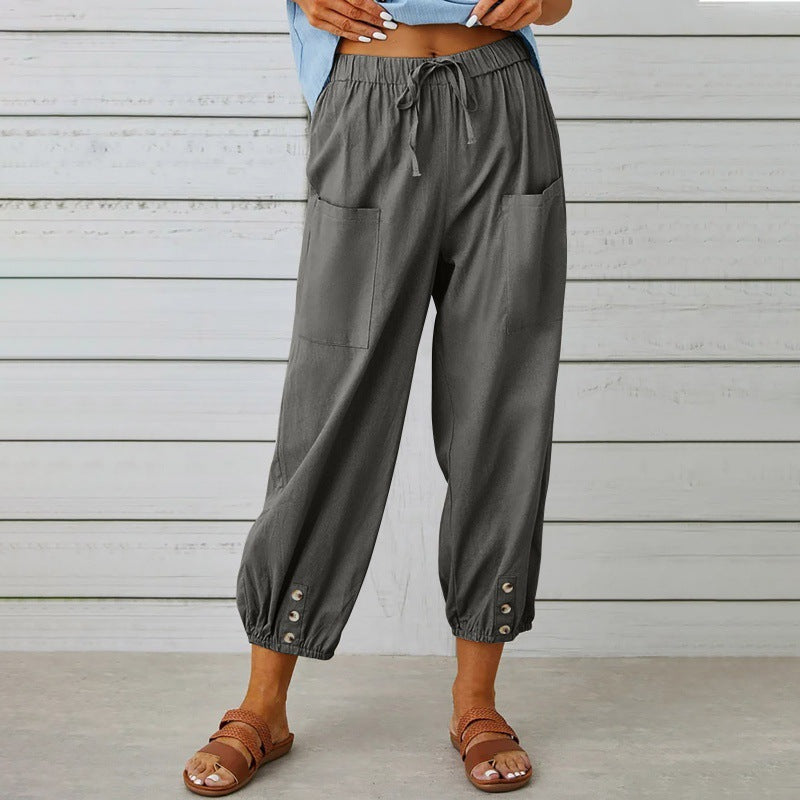 Paloma Delgado | Relaxed Drawstring Cropped Trousers with Button Hem