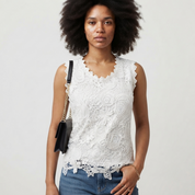 Cecilia Thompson | White Floral Lace Tank Top with Scalloped Edge