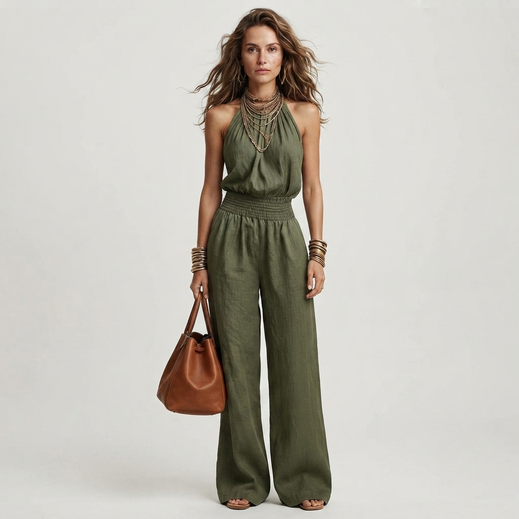 Cecily Adams | Halter Neck Wide-Leg Jumpsuit with Smocked Waist