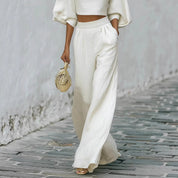 Théa Montclair | White Textured Crop Top & Wide-Leg Trouser Set