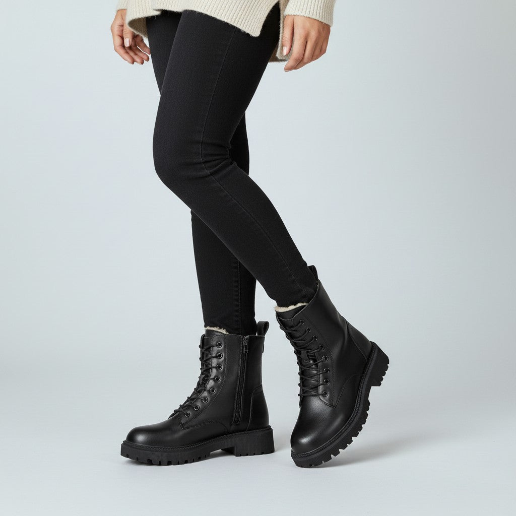 Harriet Stone | Bottines de combat noires à lacets avec doublure douillette en fausse fourrure