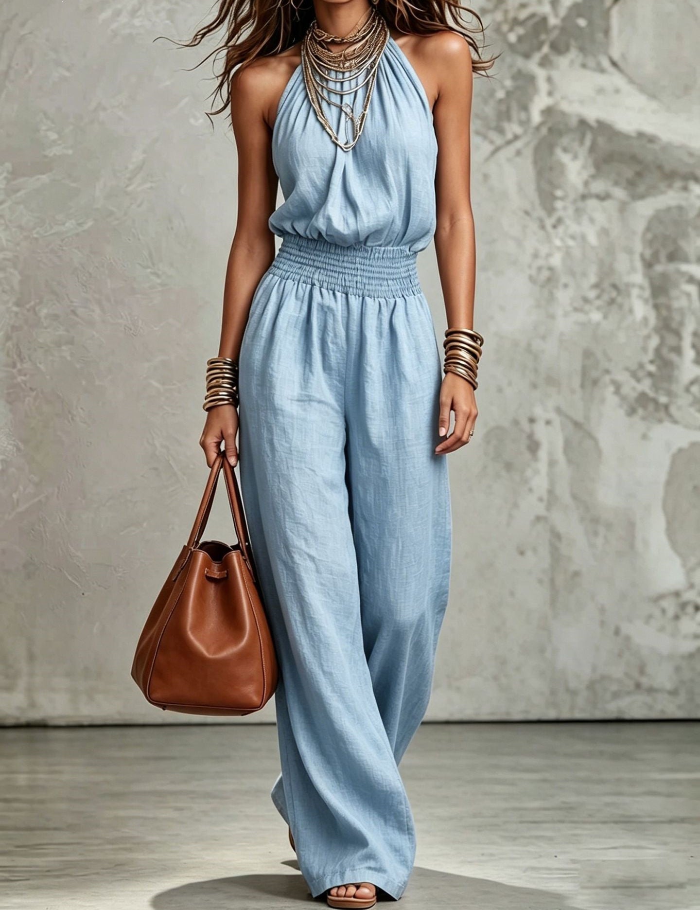 Cecily Adams | Halter Neck Wide-Leg Jumpsuit with Smocked Waist