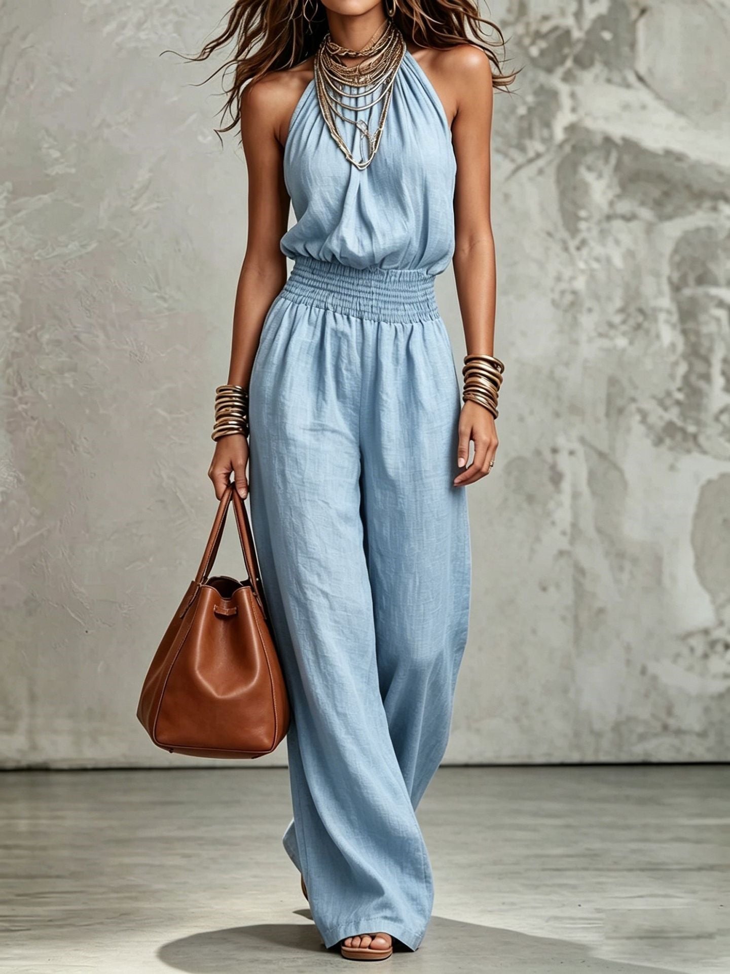 Cecily Adams | Halter Neck Wide-Leg Jumpsuit with Smocked Waist