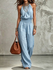 Cecily Adams | Halter Neck Wide-Leg Jumpsuit with Smocked Waist