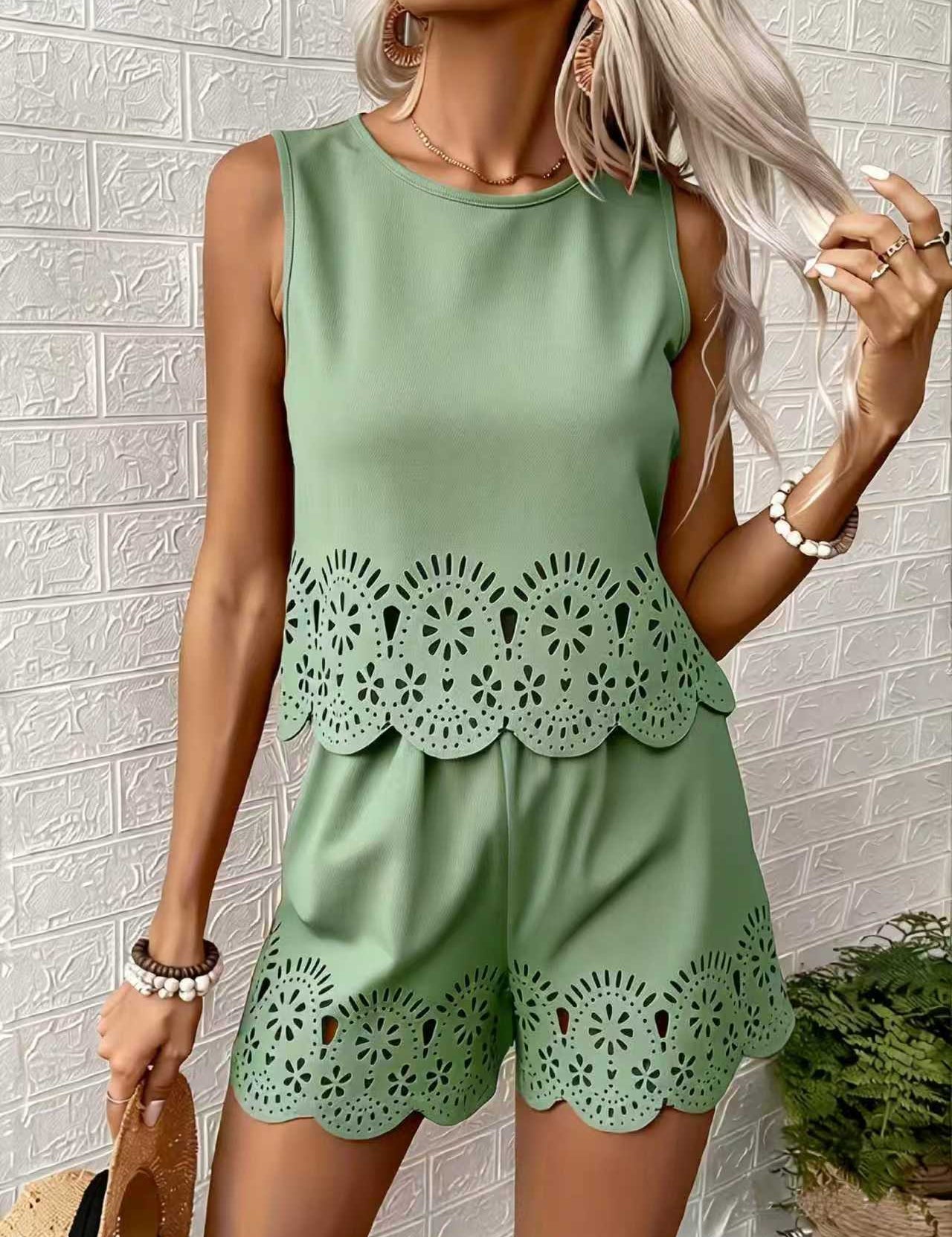 Isabeau Leclaire | Eyelet Hollow-Out Tank & Shorts Set — Butter Yellow