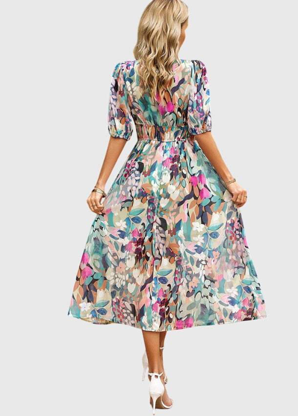 Beatrice Sandford | Floral V-Neck Midi Dress With Smocked Waist