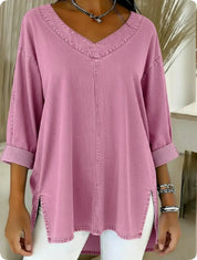 Saoirse Callahan | Washed Denim V-Neck Tunic Top with Side Splits