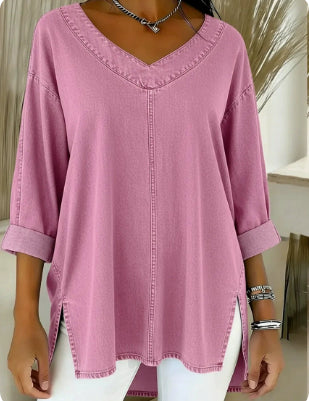 Saoirse Callahan | Washed Denim V-Neck Tunic Top with Side Splits