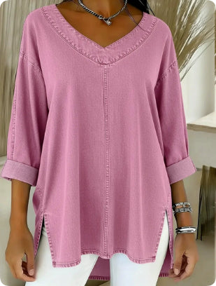 Saoirse Callahan | Washed Denim V-Neck Tunic Top with Side Splits
