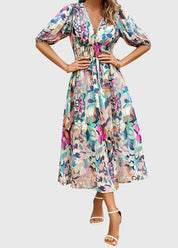 Beatrice Sandford | Floral V-Neck Midi Dress With Smocked Waist