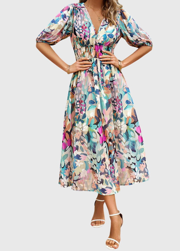 Beatrice Sandford | Floral V-Neck Midi Dress With Smocked Waist