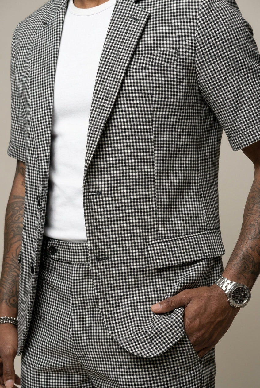 Elliot Barnes | Men's Houndstooth Check Two-Piece Set – Short Sleeve Blazer & Shorts
