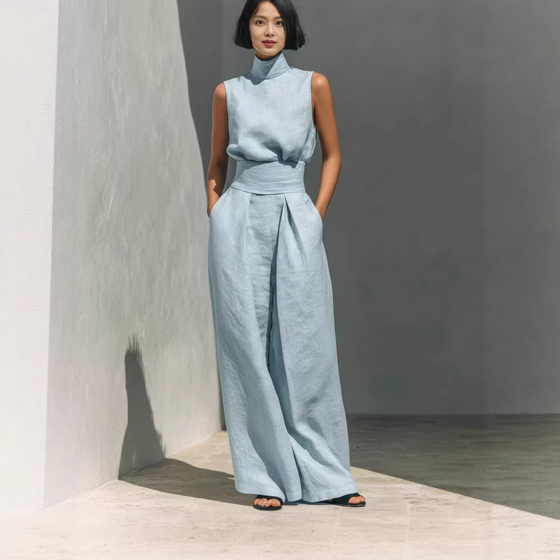 Nadia Serrano | Linen-Look Turtleneck Top & Wide-Leg Trouser Set