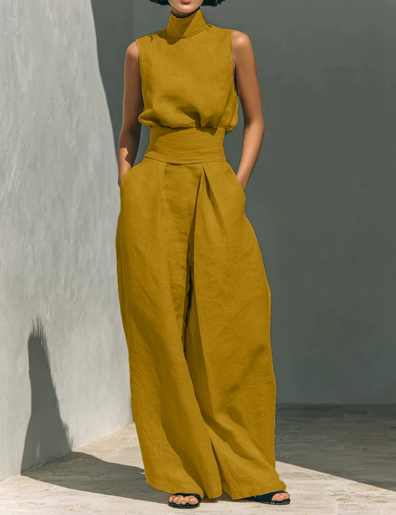 Nadia Serrano | Linen-Look Turtleneck Top & Wide-Leg Trouser Set