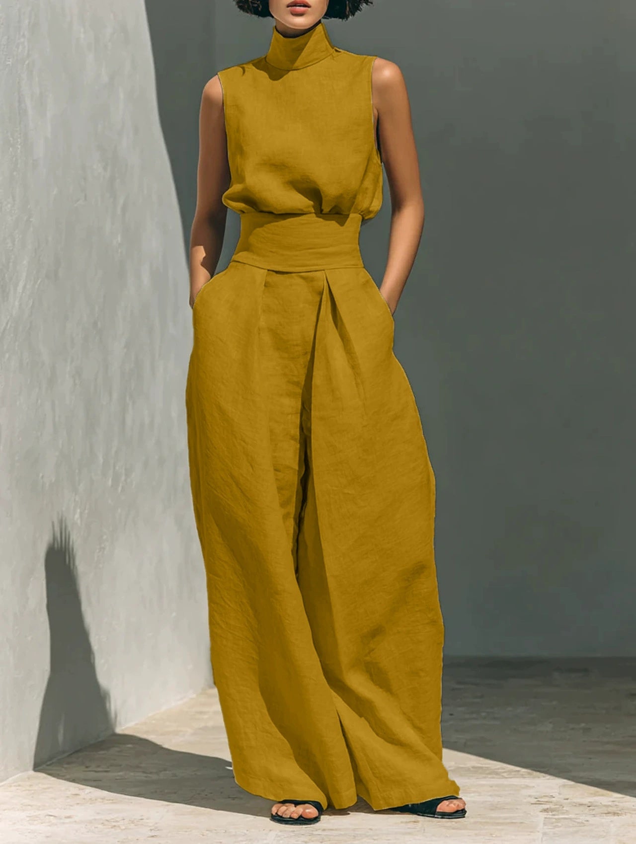 Nadia Serrano | Linen-Look Turtleneck Top & Wide-Leg Trouser Set