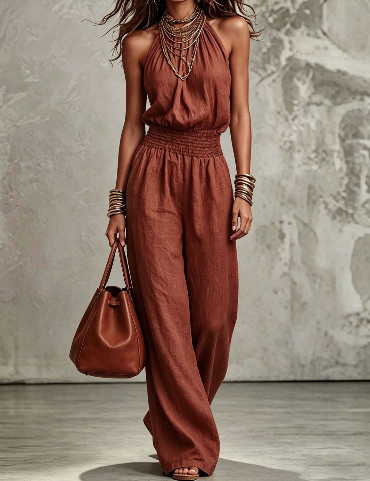 Cecily Adams | Halter Neck Wide-Leg Jumpsuit with Smocked Waist