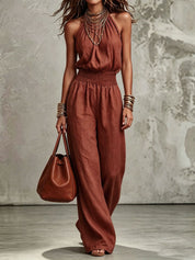 Cecily Adams | Halter Neck Wide-Leg Jumpsuit with Smocked Waist