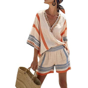 Soraya Dimitriou | Linen Striped V-Neck Top & Shorts Set – Coastal Summer Co-ord