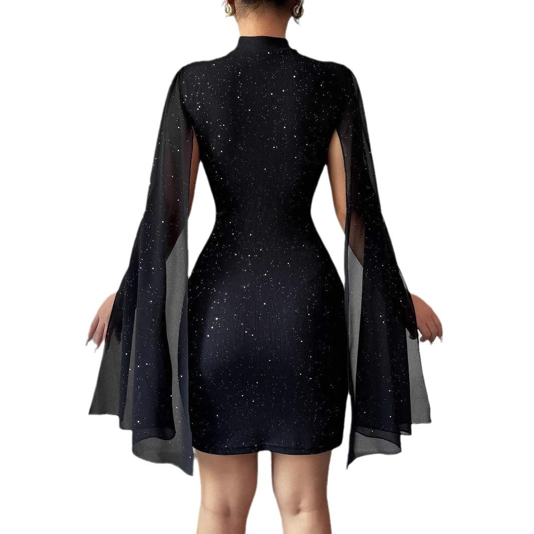 Phoebe Clarke | Glitter Cape Sleeve Mini Dress with Mock Neck