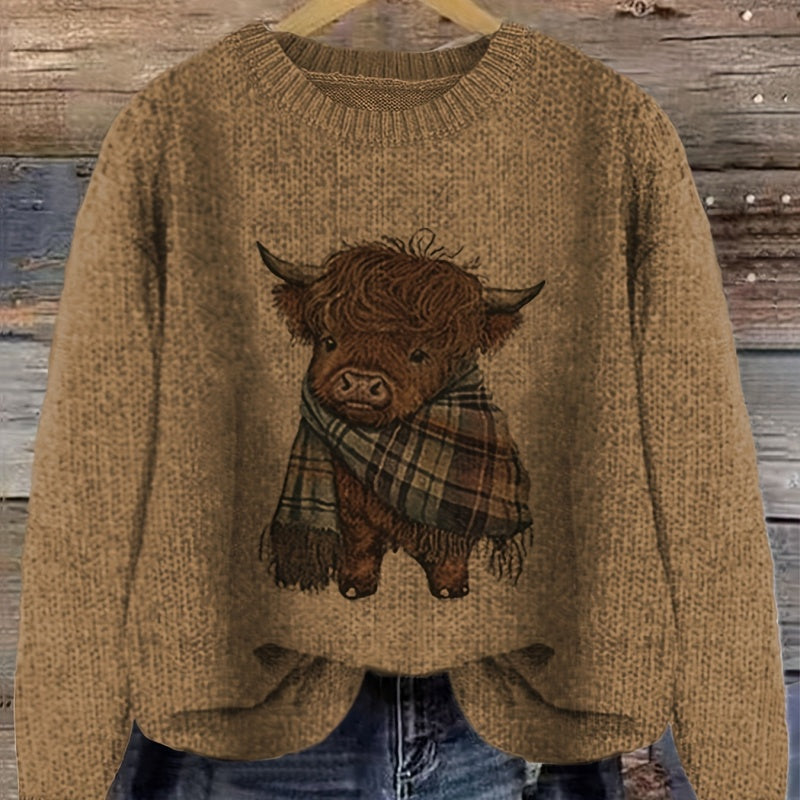 Marjorie Fenwick | Gruby sweter z dzianiny z motywem krowy rasy Highland