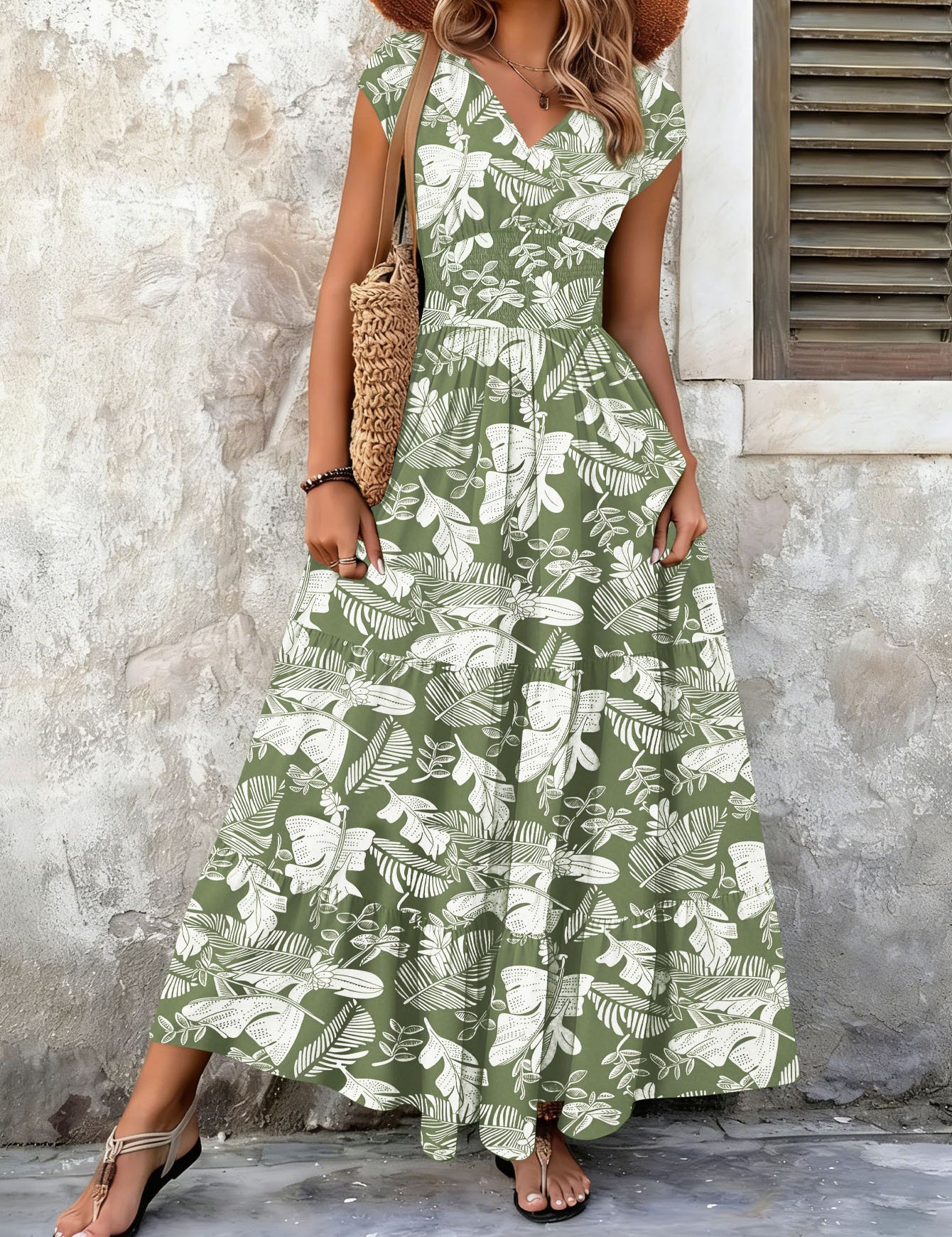 Cecily Wood | Tropical Leaf Print V-Neck Maxi Dress