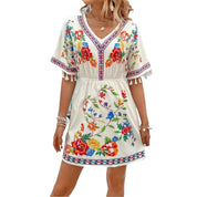Esmeralda Fuentes | Bohemian Floral Print Mini Dress with Tassel Trim