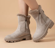 Freya Lawson | Fur Trim Winter Ankle Boots in Warm Stone Suede