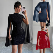 Phoebe Clarke | Glitter Cape Sleeve Mini Dress with Mock Neck