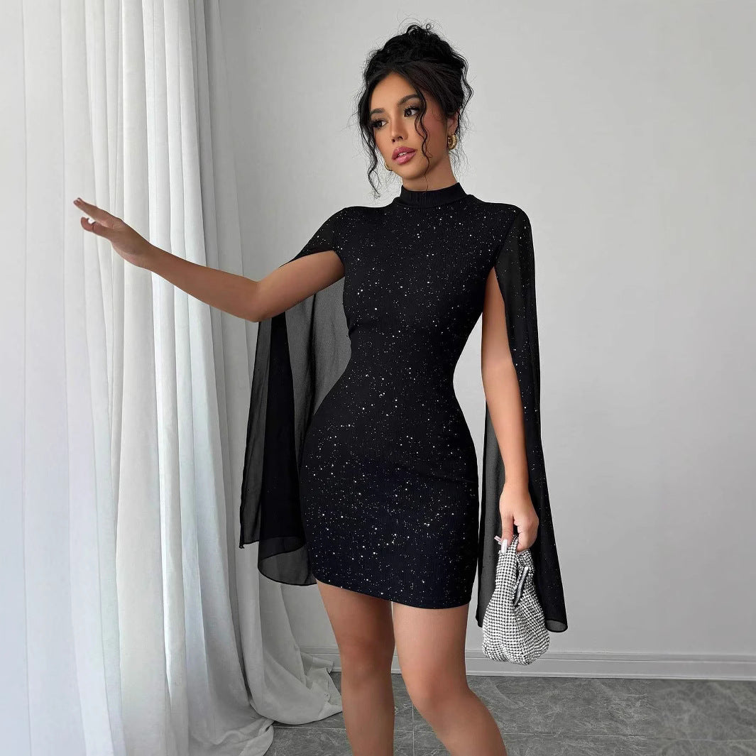 Phoebe Clarke | Glitter Cape Sleeve Mini Dress with Mock Neck