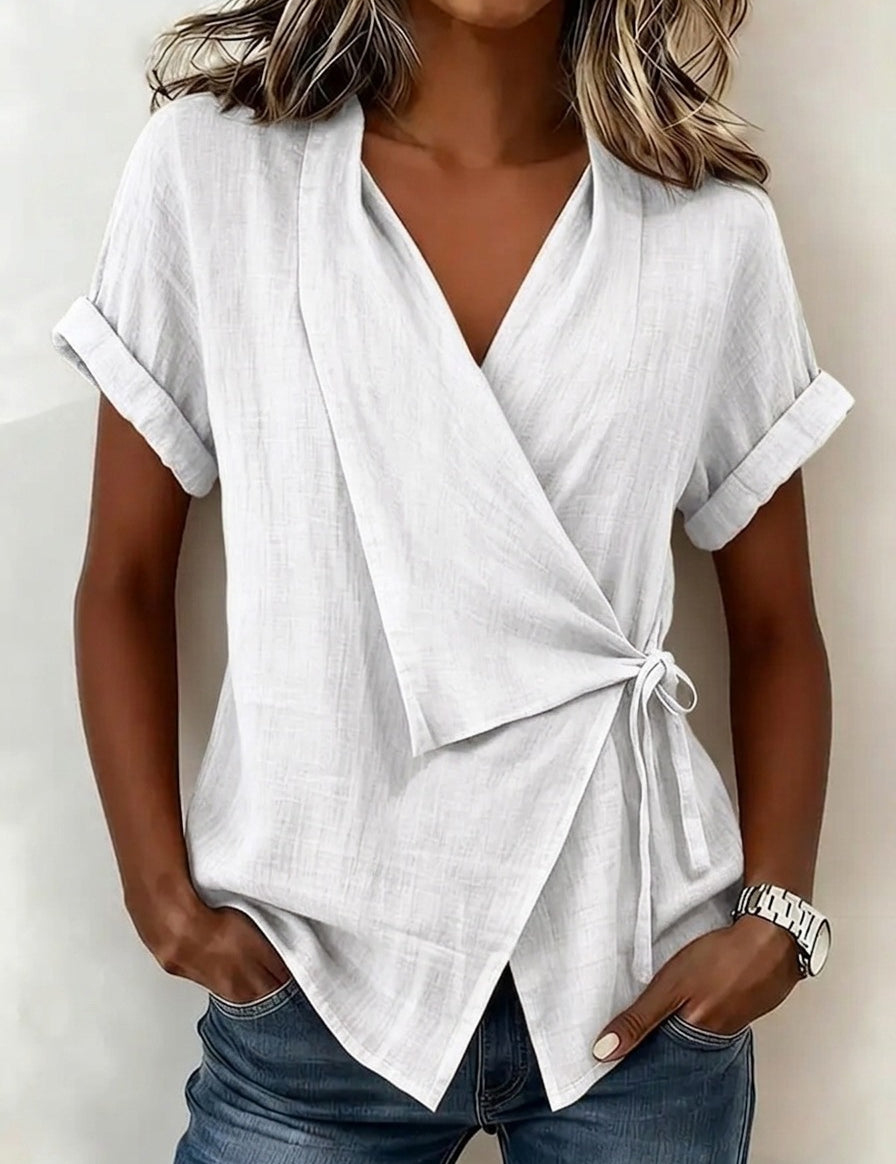 Camille Rousseau | Linen Wrap Blouse with Tie Waist