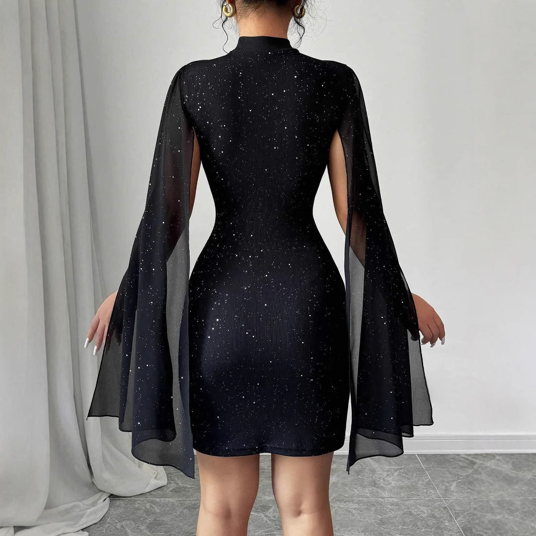Phoebe Clarke | Glitter Cape Sleeve Mini Dress with Mock Neck