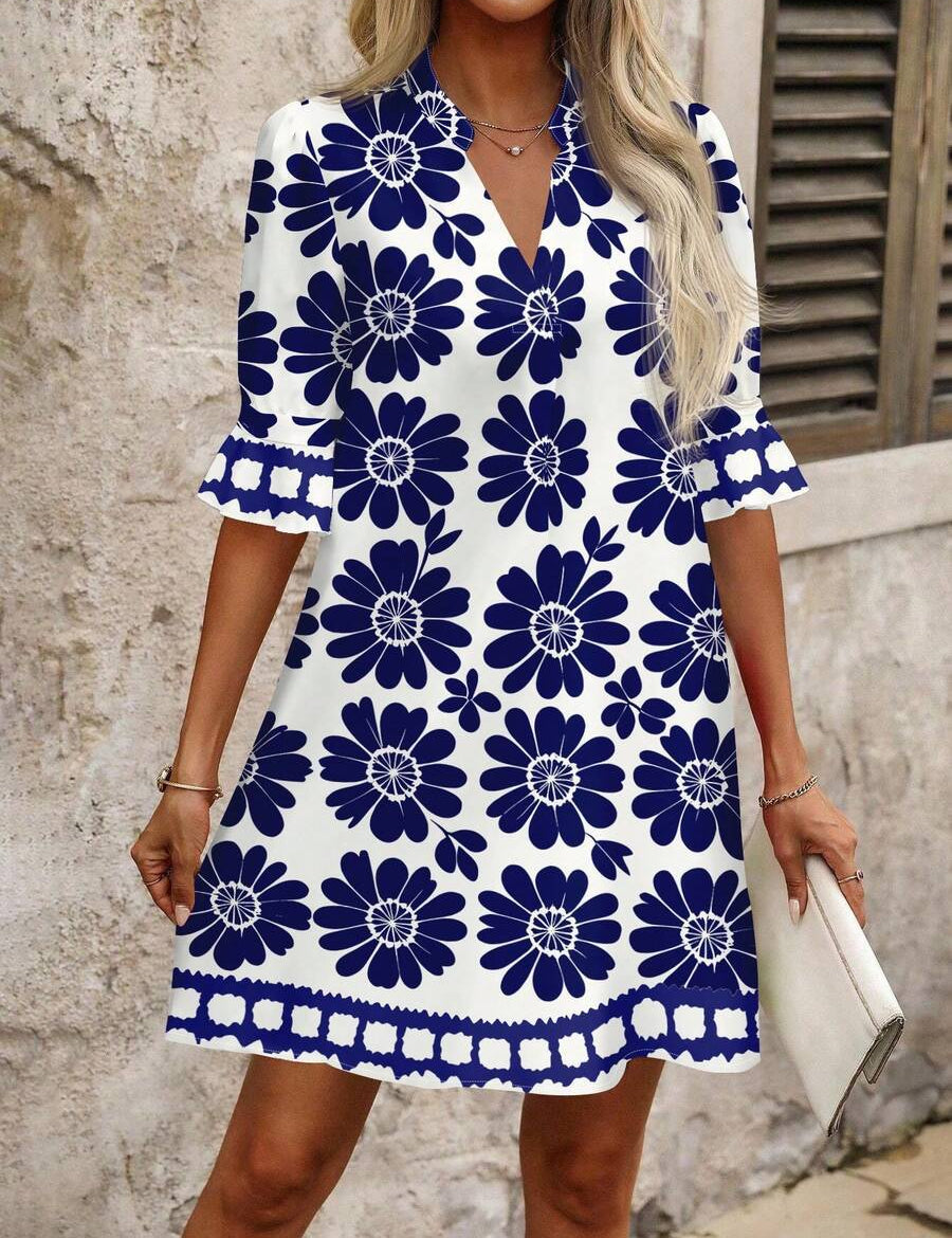 Amelia White | Floral Print V-Neck Midi Dress