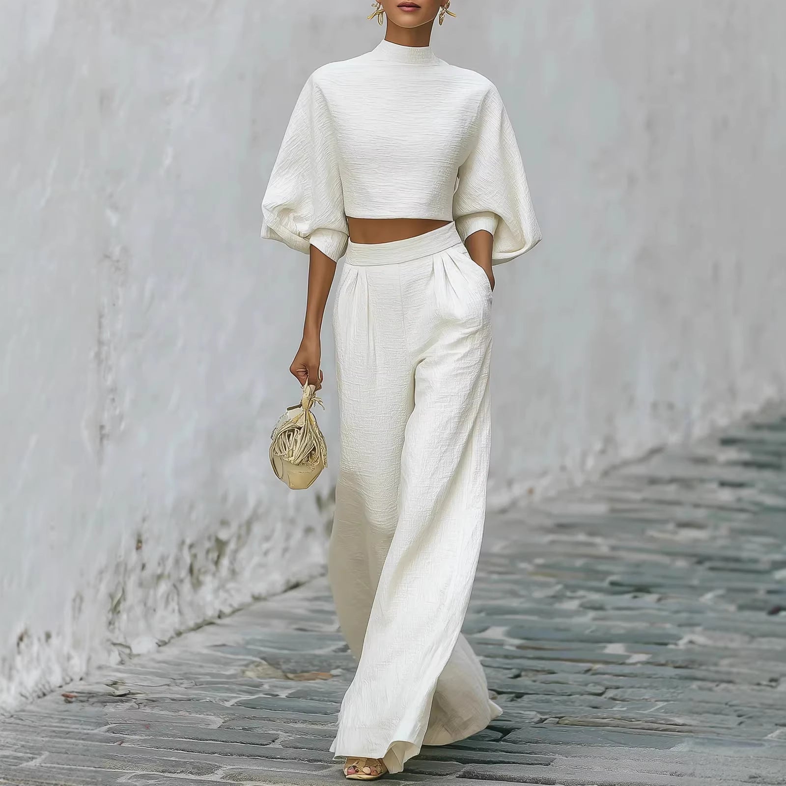 Théa Montclair | White Textured Crop Top & Wide-Leg Trouser Set