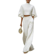 Théa Montclair | White Textured Crop Top & Wide-Leg Trouser Set