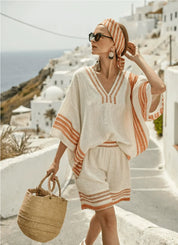 Soraya Dimitriou | Linen Striped V-Neck Top & Shorts Set – Coastal Summer Co-ord